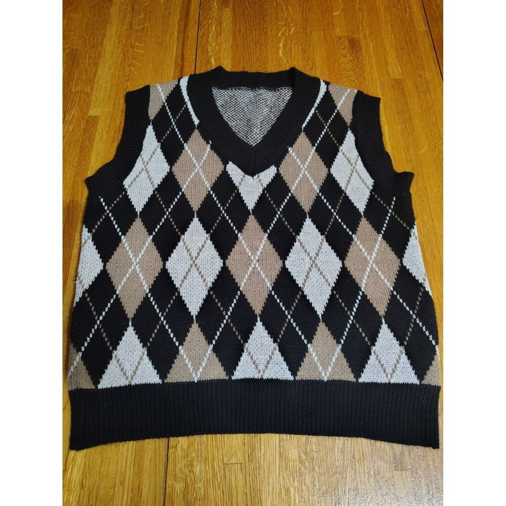 Vtg argyle knit sweater vest black brown white unbranded v-neck men's large